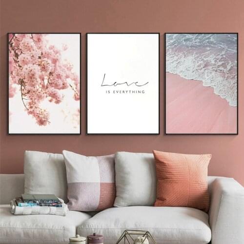 Scandinavian Style Poster Sea Beach Decorative Picture Pink Flower Wall Art for Living Room Nordic Decoration Home Decor