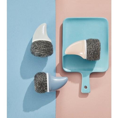 Creative Shark Shape Stainless Steel Wire Ball Cleaning Brush with Handle Pot and Dishwashing Brush Kitchen Remove Stains Tools