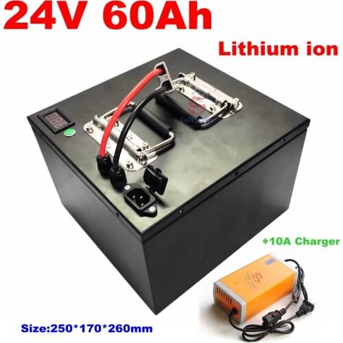 Steel case 60ah 24v lithium ion battery +10A charger LCD voltage show for 2400W 24V Electric wheelchair AGV trolley golf cart