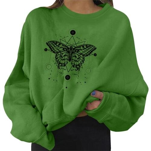 Oversized Hoodie Women Korean Butterfly Print Pullover Thermal Warm Crew Neck Blouse Streetwear Casual Long Sleeve Sweatshirts
