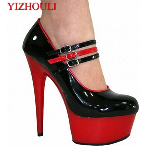 15cm High-Heeled Shoes Platform/ Black Single Shoes Patent Platform Shoes With Inch Stiletto Heel and Ankle Straps