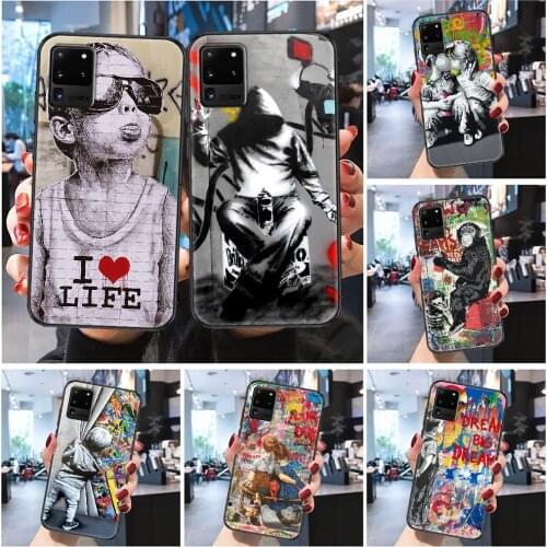 Street Art Banksy Graffiti Phone case For Samsung Galaxy Note 4 8 9 10 20 S8 S9 S10 S10E S20 Plus UITRA Ultra Frosted black