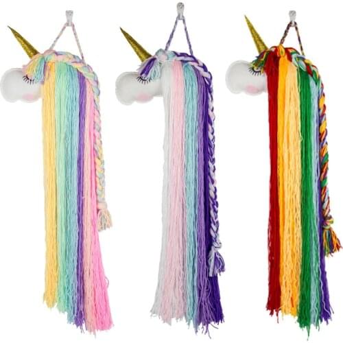 Handmade Unicorn Hairbow Hanger Rope Kids Hair Clip Headbands Storage Wall Hanging Wool Tassel Organizer Hair Accessories Holder