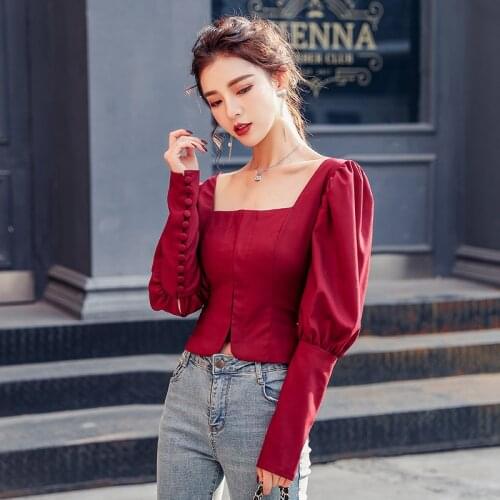 2021 Women Fall New Temperament Slim Body Long Puff Sleeve Wine Red Shirts Tops Female Sexy Square Collar Solid Color Blouse