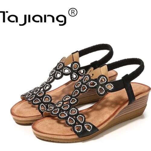 Ta Jiang New bohemian style rhinestone hollow wedge ladies sandals retro roman shoes summer female gladiator sandals T730-6