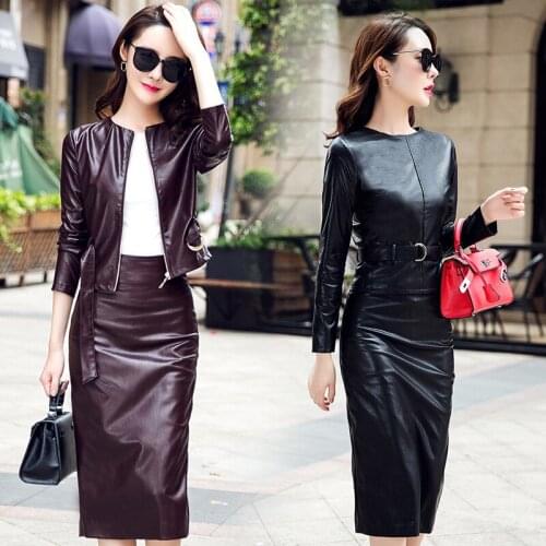 Womens suit new spring and autumn slim slimming short PU leather suit suit skirt two-piece female leather suit jacket two-piece