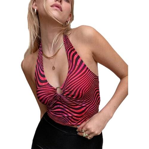 Women Halter Crop Top Adults Summer Sleeveless Slim Fit Striped Tank Top with Hardware Hoop Striped halterneck vest