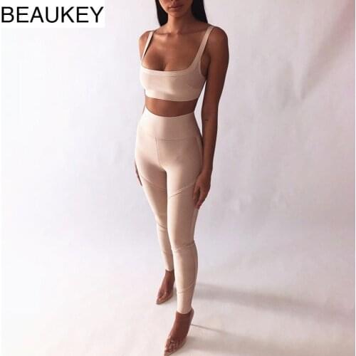 BEAUKEY New Arrival Women Summer Sexy 2 Piece Set Rayon Bandage Crop Top & High Waist Skinny Pants Slim Fit Sheath Sets Bodycon