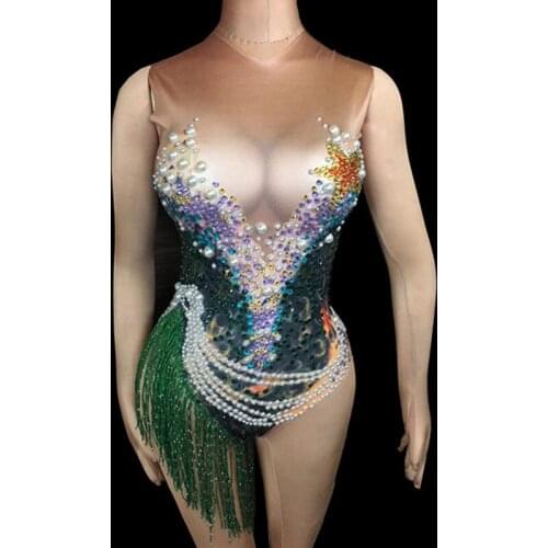 Peacock pattern Rhinestones Bodysuit White Pearl Green Tassels Sleeveless Catsuits Nightclub DJ Women Singer Show Stage Costumes