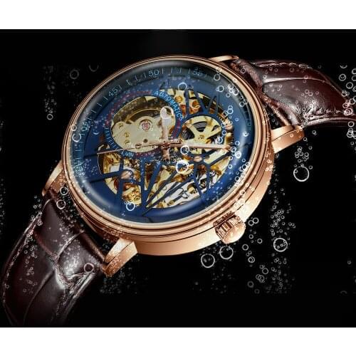 BIDEN Hollow Design Watch Retro Luxury Male Wristwatch Unique Men Mechanical Watches Gold Brown Genuine Leather Waterproof Clock