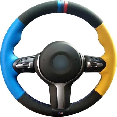 Light Blue Yellow Synthetic Leather Black Suede Steering Wheel Cover for BMW F87 M2 F80 M3 F82 M4 M5 F12 F13 M6 F85 X5 M F86 X6