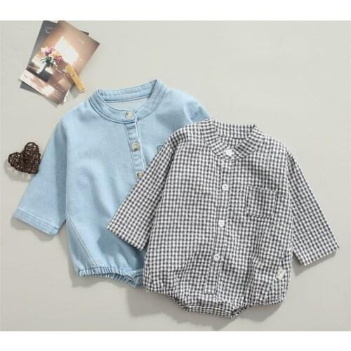 Baby Girls Boys Romper, Toddlers Spring Autumn Creative Solid Color Denim/Plaid Long Sleeve Stand Collar Triangle Jumpsuit