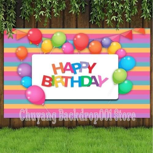Colorful Striped Balloons Happy Birthday Photography Backdrop Cake Smash Dessert Table Decor Banner Photo Background Vinyl