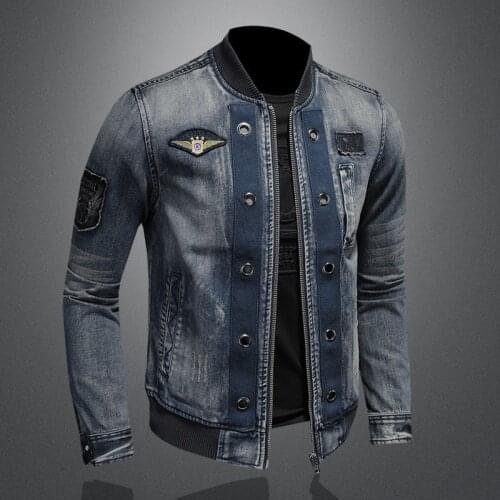 Plus Size 5XL Men Vintage Stand Collar Pilot Coat Denim Bomber Jacket Slim Fit Zipper Jean Outerwear Fashion Mens Biker Jackets