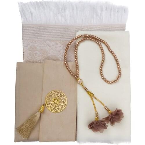 Rose Series Prayer Rug Scarf Set No:3 Islamic Quran Prayer Mat For Muslims (Mink)