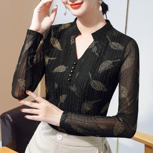 2021 New WomenS T-Shirt Printing Top Bottoming Shirt Long-Sleeved Mesh T-Shirt