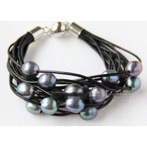Wholesale price 16new ^^^^15Strands Genuine black pearls black leather bracelet magnet e2365