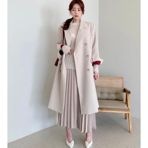 New 2020 Autumn Winter Womens Windbreaker Elegant Buttons Vintage Oversize Split Office Lady Long Trench Tops CL505