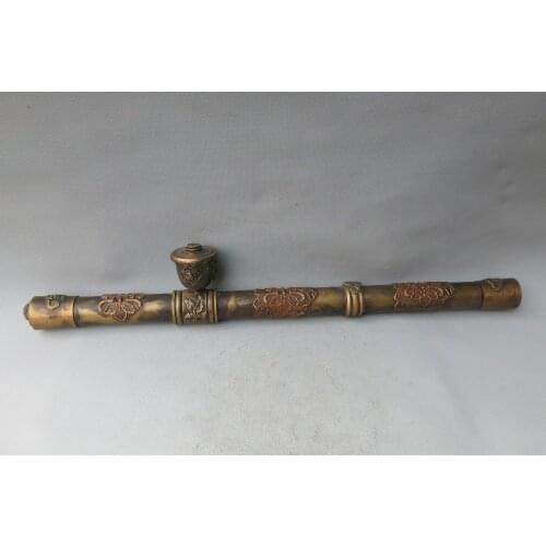 Rare Old Chinese Qing-Dynasty copper pipe , with beautiful carving, Free shipping