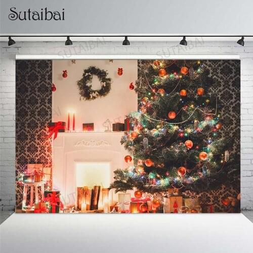 Christmas Fireplace Backdrop Photography Indoor Vintage Xmas Tree Background Portrait Photobooth Party Banner Studio Photocall