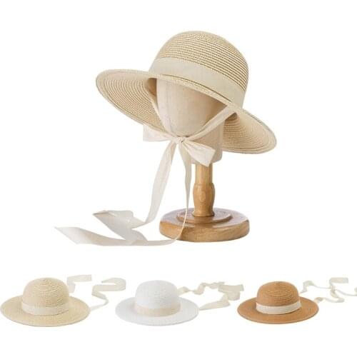 Unisex Staw Sun Hat for Children Outdoor Activities Adjustable Chin Straps Ribbon Decoration Sun Cap for Beach Seashore