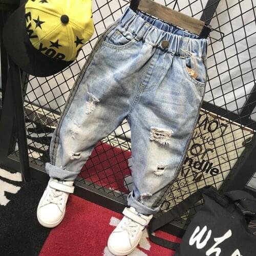 Vintage Hole Children Cowboy Trouser Fashion Fold Baby Boys Jeans Spring Cotton Kids Boys Ripped Denim Pants ( C12020