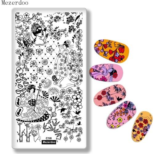 Japanese Series Nail Stamping Template Images Printing Art Plates Stencil Geisha Flowers Butterfly for Nails Decoration C58