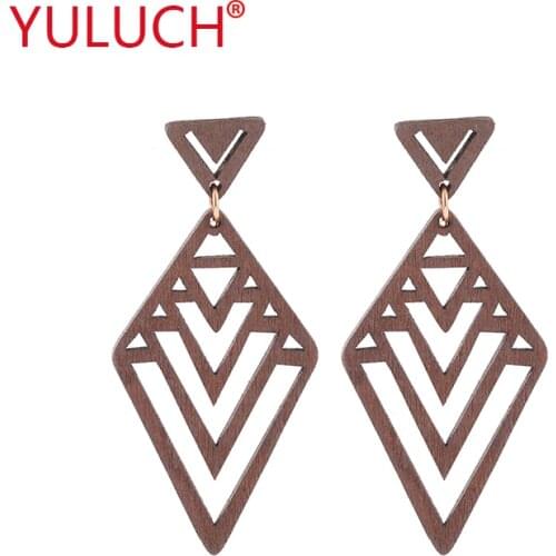 YULUCH Personality Woman Jewelry Wooden Geometric Rhombus Hollow Overlapping Inverted Triangle Stud Earring Party Gift