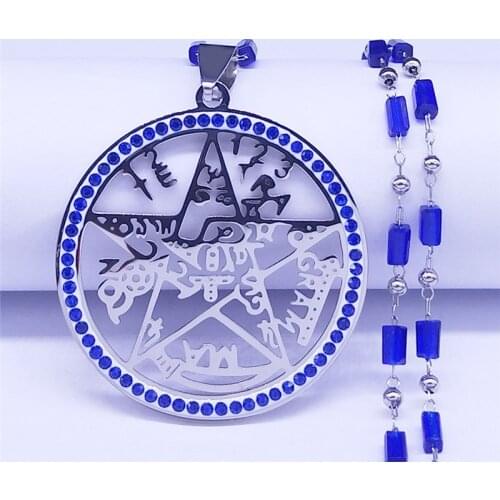 Witchcraft Divination Pentagram Blue Crystal Stainless Steel Chain Necklaces Round Silver Color for Women Jewelry collar NXS01