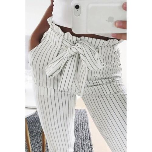 2021 Women Fashion Casual OL Pencil Pants Bow Tie Drawstring Sweet Elastic Waist Pockets Casual Trousers Slim Strip Pants