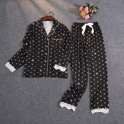 Crown Print Sweet Women Pajama Set Lace Long Sleeve Trousers Pijama Satin Soft Sleepwear
