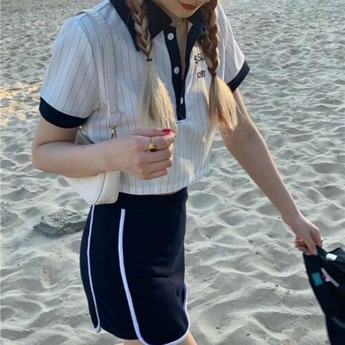 Ins Vintage Preppy Crop POLO Shirt+Mini Skirts Dress Sets Women Summer Kawaii Clothes 2021 New Korean Trend Teens Girls Suits