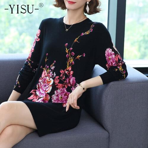 YISU Spring Autumn Women clothing Sweater O-Neck Rose flower Printing Tops Female Jumper Loose Casual Long Knitted pullove 2021