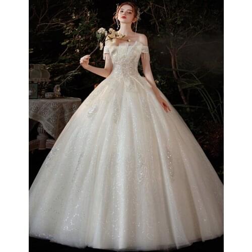 Bling Beads Sequins Ivory Champagne New Wedding Dress For Women Boat Neck Tulle Vestidos De Novia 2021 Robe De Soiree De Mariage