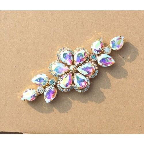 1pc/lot AB crystal glass rhinestone applique in gold tone sewing-on flower strass trimmings for dancing dress bags decoration