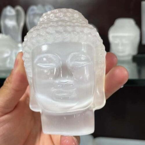 1pcs Transparent gypsum crystal hand carved Buddha head reiki healing purification