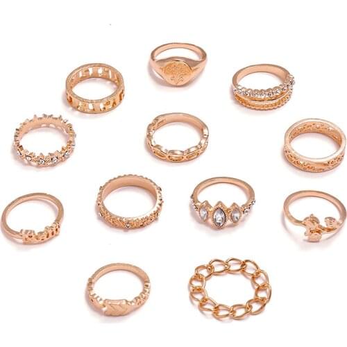 12Pcs /set Flower Star Arrow Hollow Ring For Women Bohemian Gold Color Open Crystal Finger Rings Wedding Knuckle Ring Jewelry