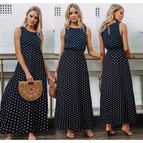 2021 Bobo Women Dark Blue Boho Loose Sleeveless Holiday Dot Print Long Maxi Dress Evening Party Beach Dresses Summer Sundress