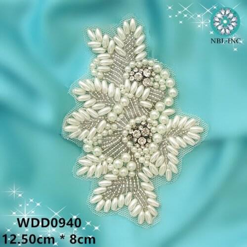 50PCS ) Wholesale hand beaded pearl rhinestone applique patch iron on for wedding dresses WDD0940