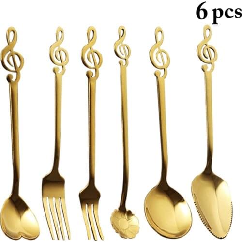 6PCS Stainless Steel Coffee Spoon Tableware Assorted Music Note Dessert Fork Tea Spoon Bar Spoon Cake Tableware