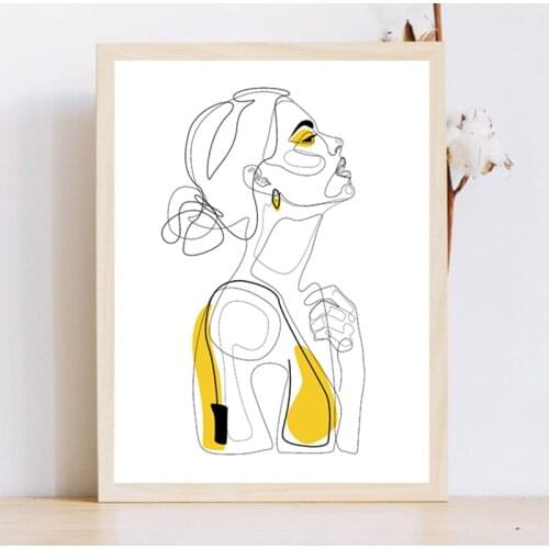 Abstract Line Prints Drawn Female Portrait Poster Yellow Fashion Sketch Canvas Painting Minimalist Woman Art Decor Wall Picture
