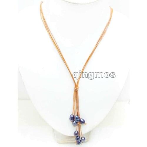 Big 10-11mm Black Rice Natural FW Pearl & Brown Leather 4 strands 32" Long Necklace-nec6147 Wholesale/retail Free ship