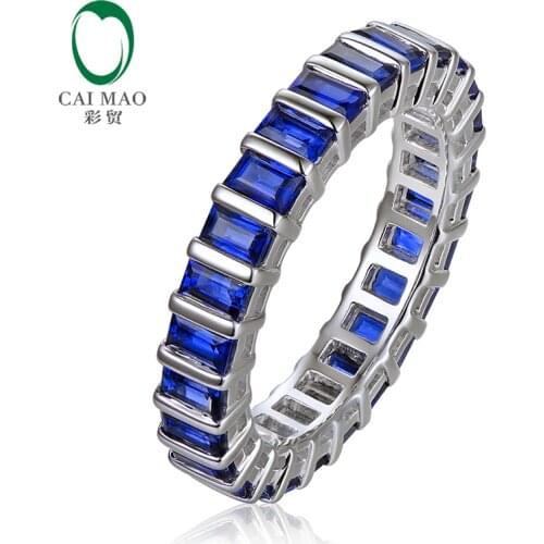 Full Eternity Antique 14k White Gold Natural 2.76ct Baguette Cut Blue Sapphire Wedding Band