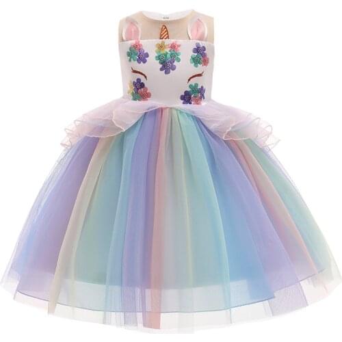 Children Dresses 2021 Spring Summer Sleeveless Girls Princess Dress For Girls Lace Puffyskirt Unicorn Rainbow Dresses 3-10 Years