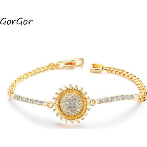 GorGor Bracelets Women Copper Pattern Sun Flower Cubic Zirconia Gold-color Light Luxury Temperament Party Accessories JS-970