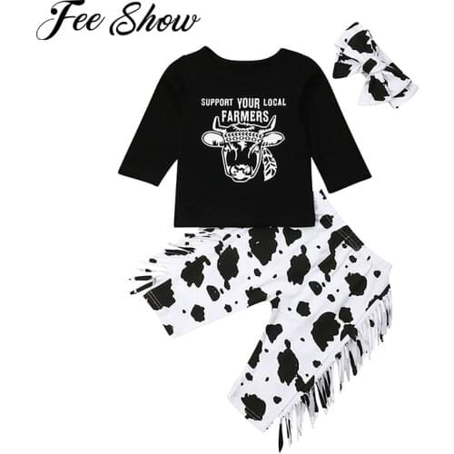 3Pcs Newborn Baby Girl Clothes Set Cartoon Cows Pattern Long Sleeve T-shirt+Casual Tassel Pants+Headband Infant Clothing Outfits