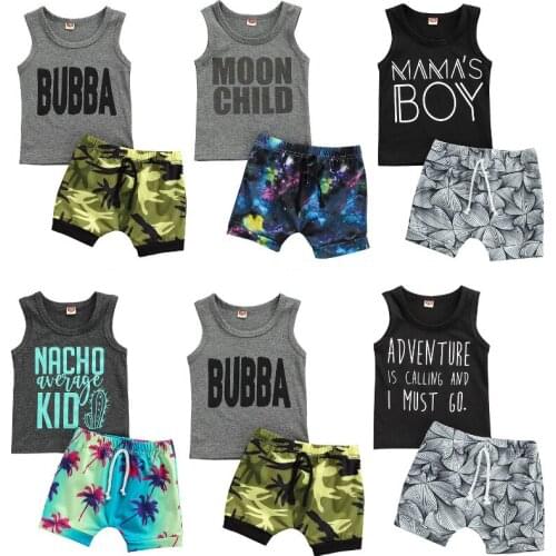 2Pcs Fashion Baby Boys Clothes Summer Outfit Round Collar Sleeveless Letter Tank Top + Coconut Tree/Camouflage Printing Shorts