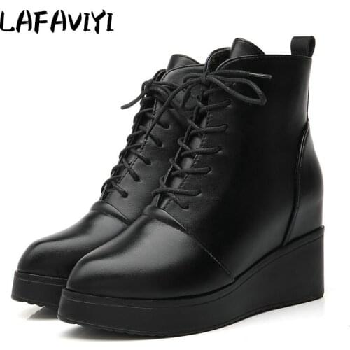 2020 Fashion Ankle Boots Winter Pointed Toe Boots Quality Leather Platform Boots Lace-up Spring Autumn Ladies Boots Size 34-40