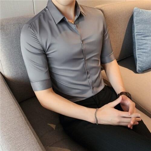 2021 Mens Summer Business Shirt Thin Ice Silk Medium Sleeve Slim Fit Casual Dark Gray Office A Formal Occasions Leisure