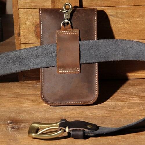 Mens leather waist bag with belt, mobile phone bag with head layer of cow leather, multi-functional vertical manual mens bag